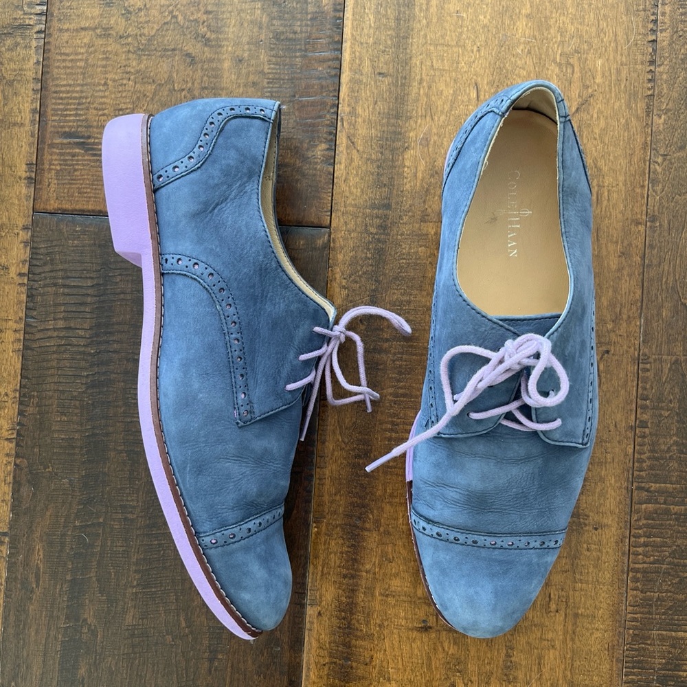 Cole Haan blue suede lace up oxfords with purple soles and laces size 9.5